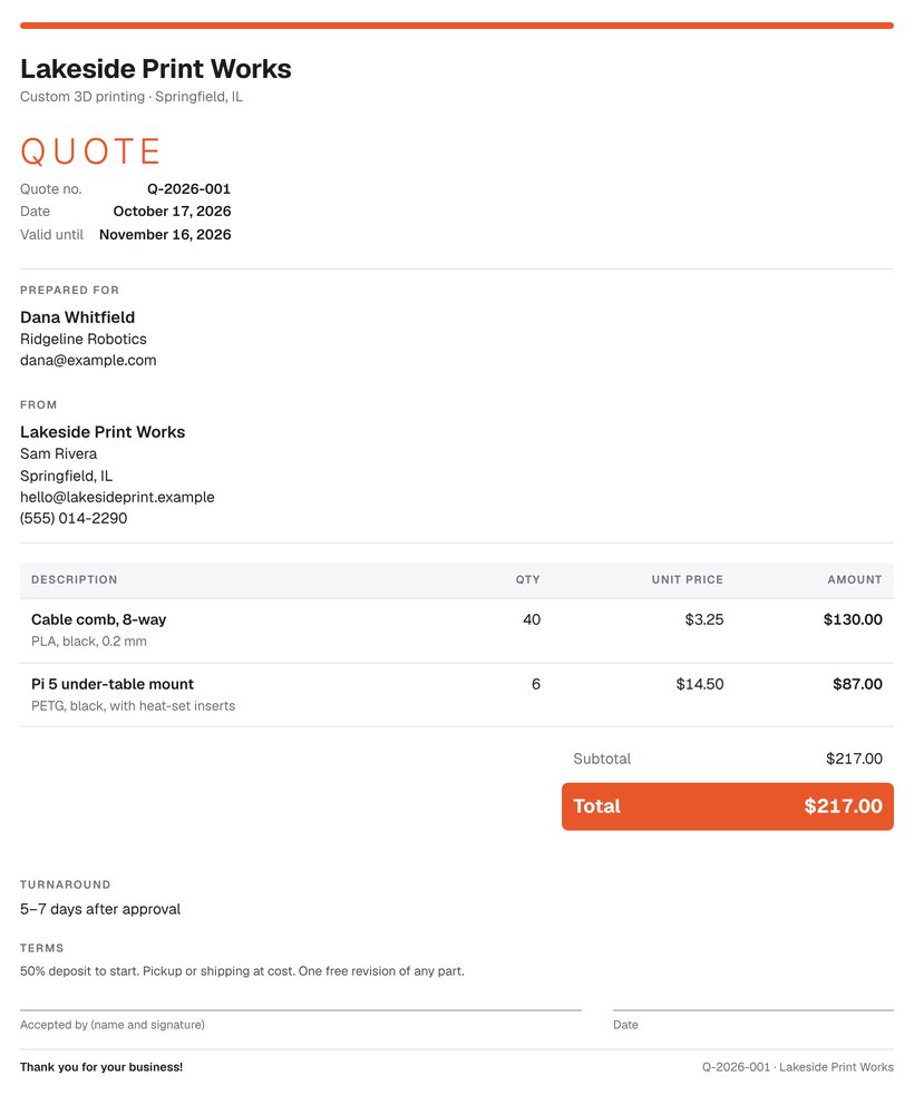 A customer quote made by Print Deck: numbered, with line items, total, terms and a signature line